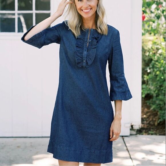 ✨ Draper James Embroidered Ruffle Chambray Denim Shift Dress 8 - Picture 1 of 13